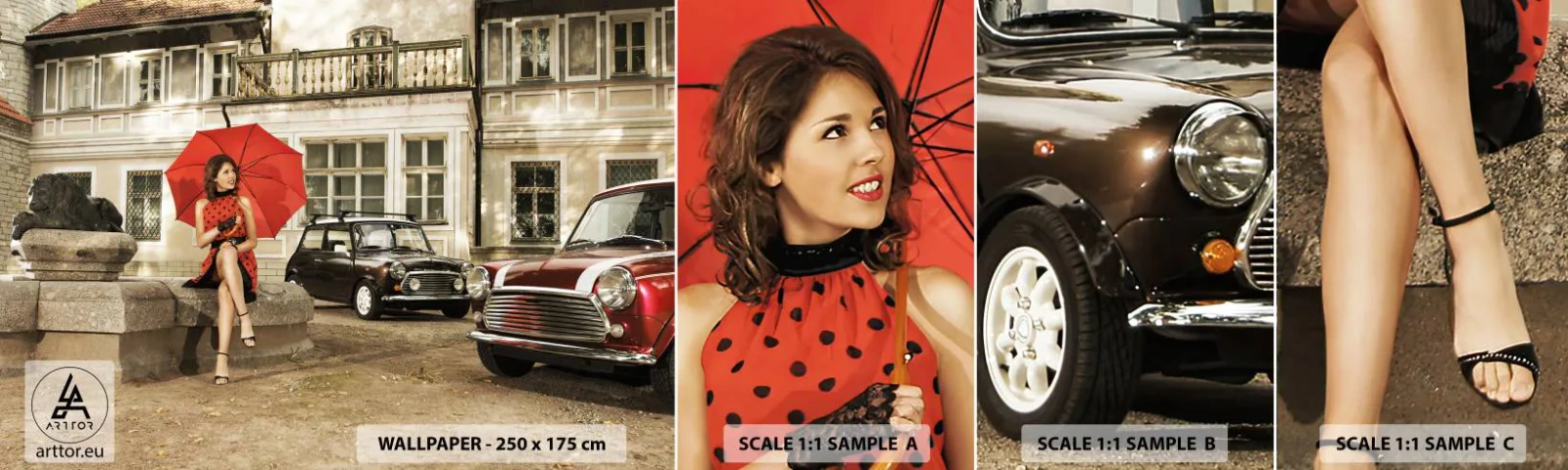 Amostra de papel de parede autocolante Deluxe Sticker - Mini-viagem sentimental - Mulher, Arquitetura, Carro - 100x30 cm