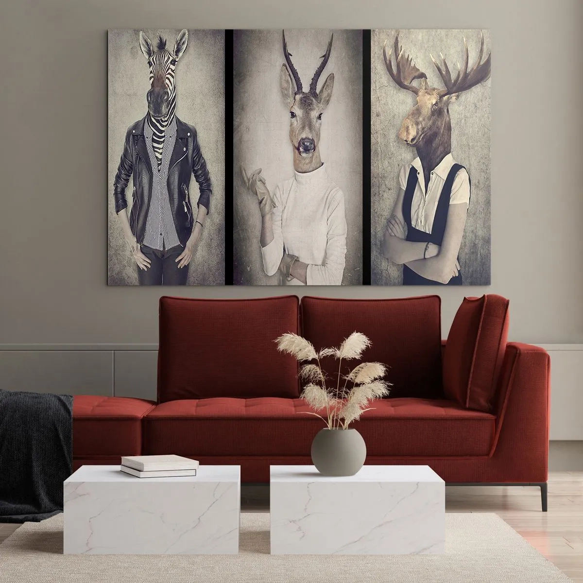 Quadro em vidro - Três figuras de animais em trajes humanos sobre um fundo neutro - 70x50cm - Deixem os gestos falar - Decoração de parede moderna para a sala de estar e quarto ARTTOR