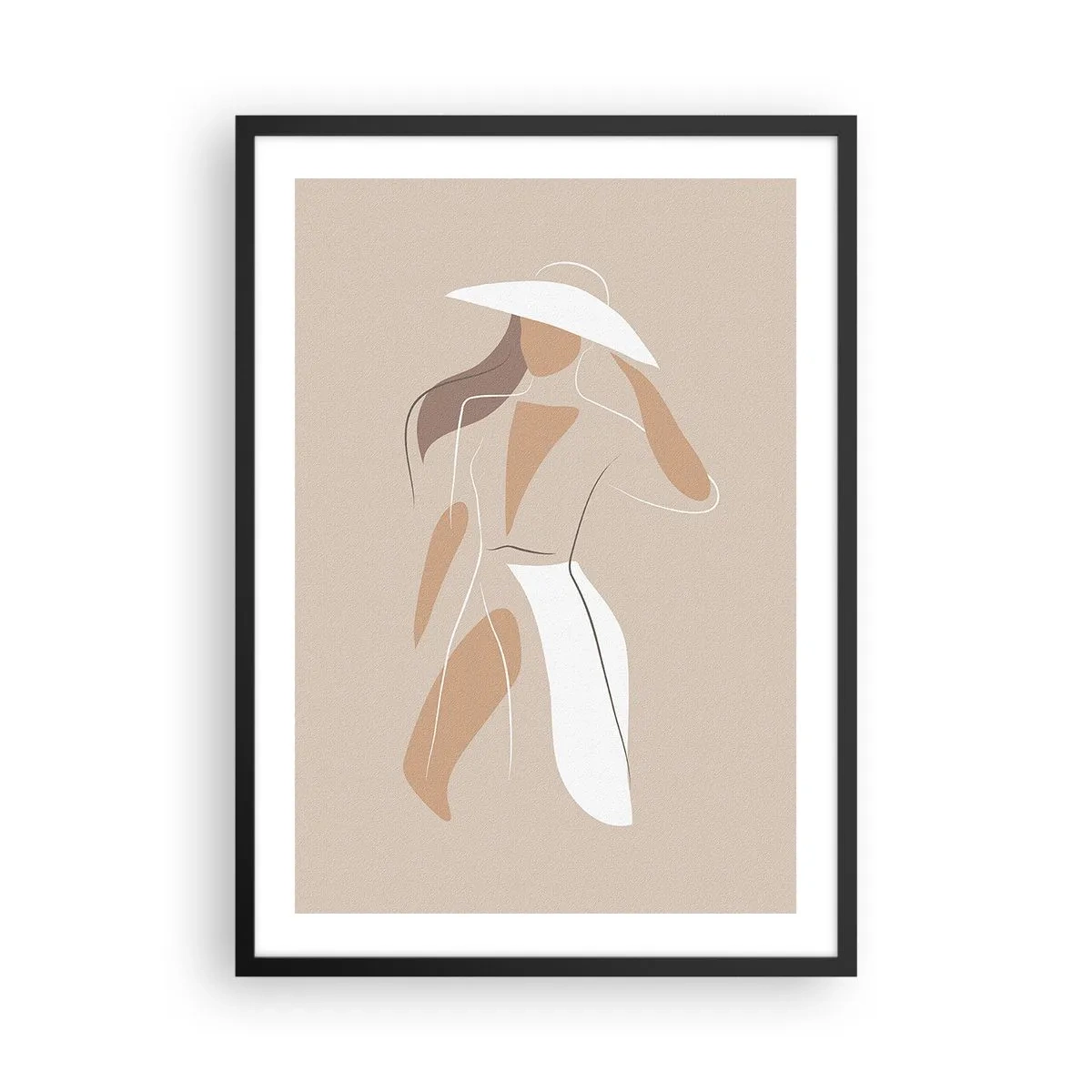 Pôster com moldura preta - Uma silhueta minimalista de uma mulher de chapéu em um fundo bege. - 50x70cm - A moda é diversão - Decoração de parede moderna para a sala de estar e quarto ARTTOR