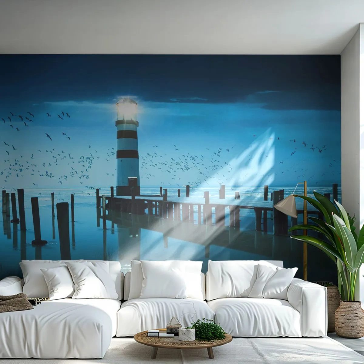 Papel de Parede Premium Canvas - E não se teme o escuro - Paisagem, Farol, Ponte de madeira - 500x350 cm