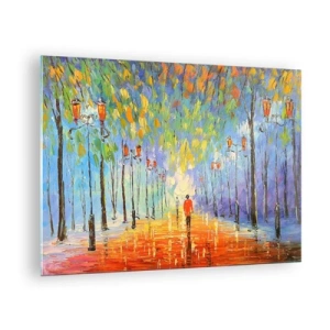 Quadro em vidro - Um parque colorido com um beco e lanternas em estilo pictórico - 70x50cm - Canto nocturno da chuva - Decoração de parede moderna para a sala de estar e quarto ARTTOR