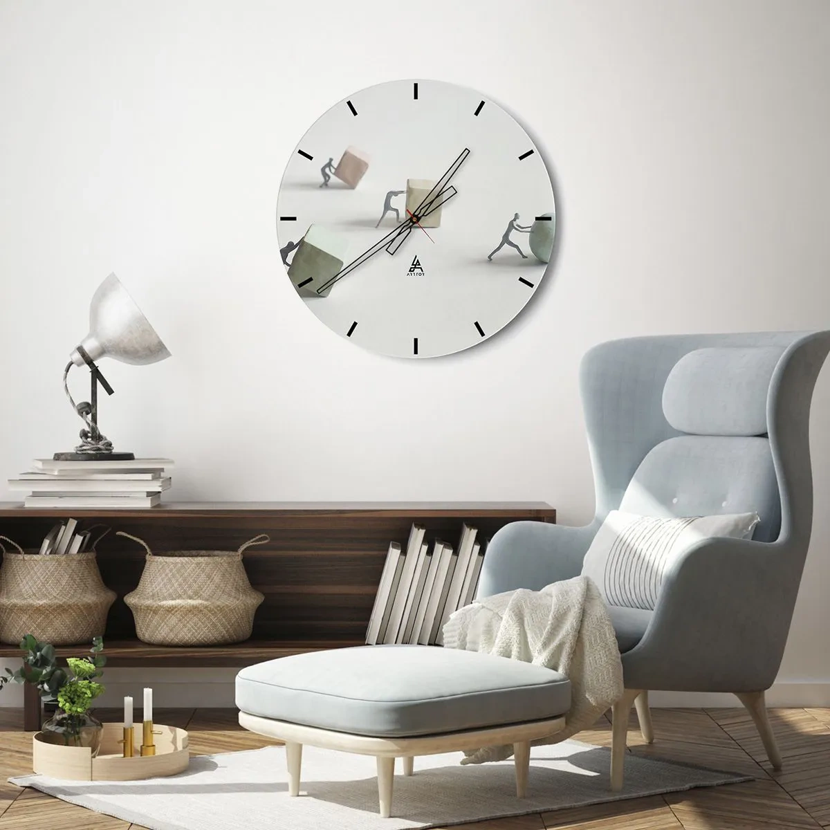 Relógio de parede - Relógio em vidro - Figuras empurrando cubos e uma bola simbolizando esforço - 30x30cm - É a vida - Decoração de parede moderna para a sala de estar, cozinha e quarto ARTTOR