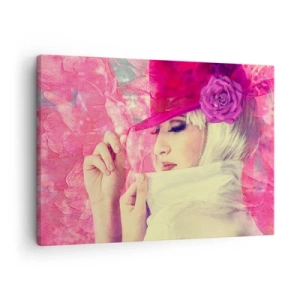 Quadro em tela - Mulher estilosa com um chapéu rosa e uma flor - 70x50cm - Retrato retro em rosa - Decoração de parede moderna para a sala de estar e quarto ARTTOR