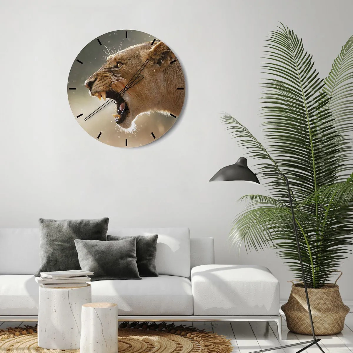 Relógio de parede - Relógio em vidro - Uma leoa rugindo contra o pano de fundo da natureza iluminada - 30x30cm - Tente não ouvir - Decoração de parede moderna para a sala de estar, cozinha e quarto ARTTOR