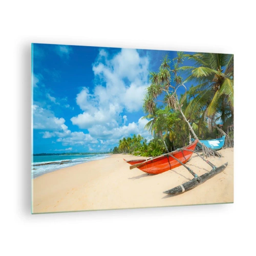 Quadro em vidro - Praia tropical com palmeiras e barcos tradicionais - 70x50cm - O encanto dos trópicos - Decoração de parede moderna para a sala de estar e quarto ARTTOR