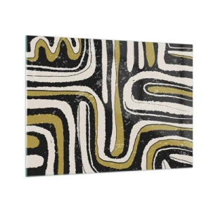 Quadro em vidro - Padrões abstratos em preto, branco e dourado - 70x50cm - Composição: estradas e becos - Decoração de parede moderna para a sala de estar e quarto ARTTOR