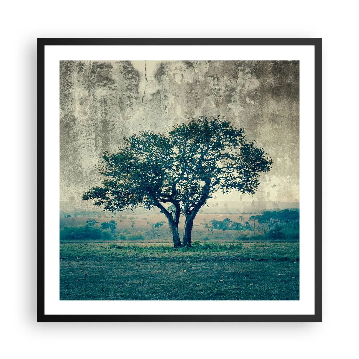 Pôster com moldura preta - Uma macieira num prado azul? - 60x60 cm
