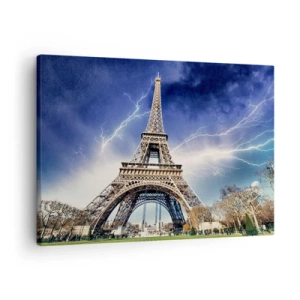 Quadro em tela - A Torre Eiffel com um céu tempestuoso e relâmpagos ao fundo - 70x50cm - Senhora das Tempestades - Decoração de parede moderna para a sala de estar e quarto ARTTOR