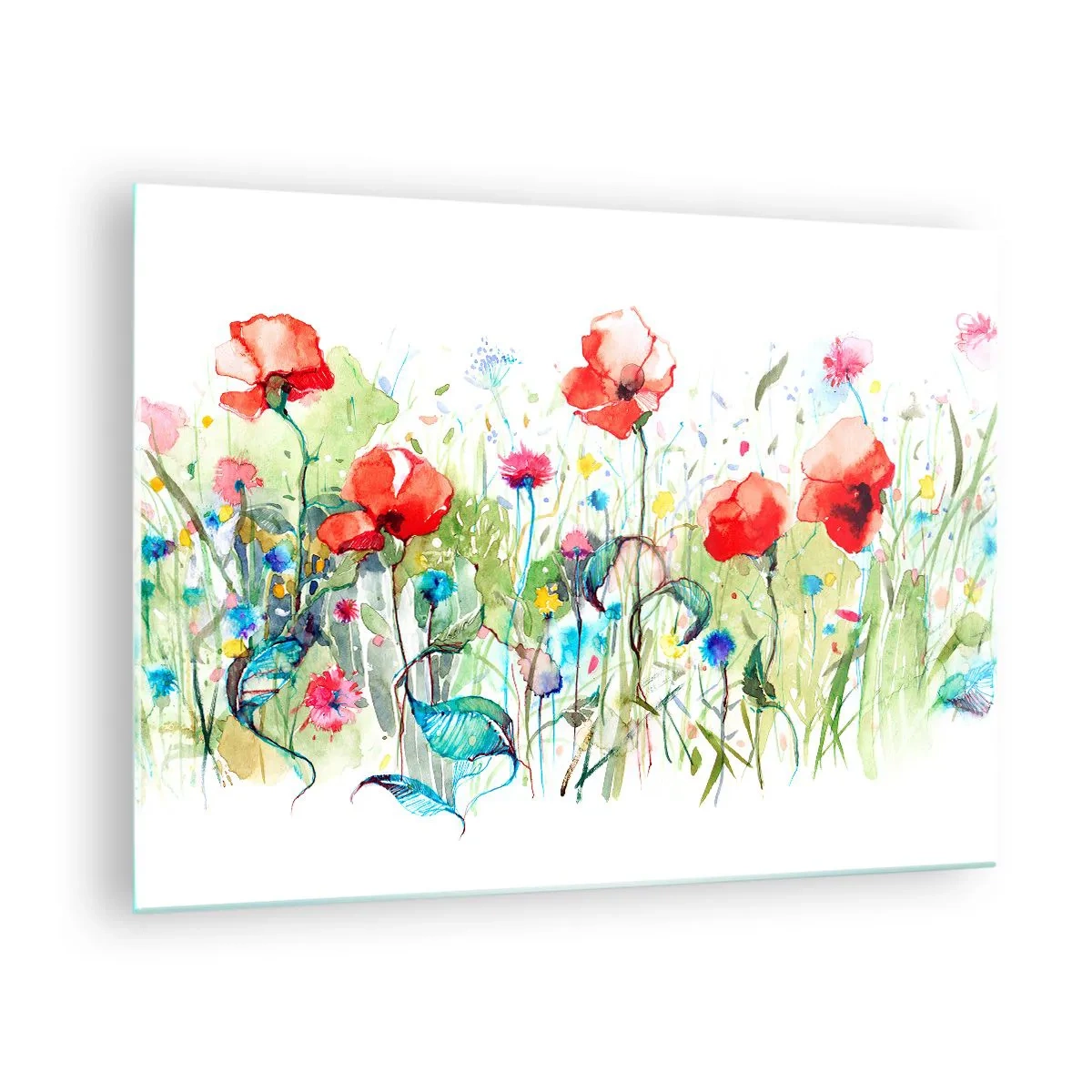 Quadro em vidro - Papoulas coloridas e flores silvestres em estilo aquarela - 70x50cm - Prado florido de maio - Decoração de parede moderna para a sala de estar e quarto ARTTOR