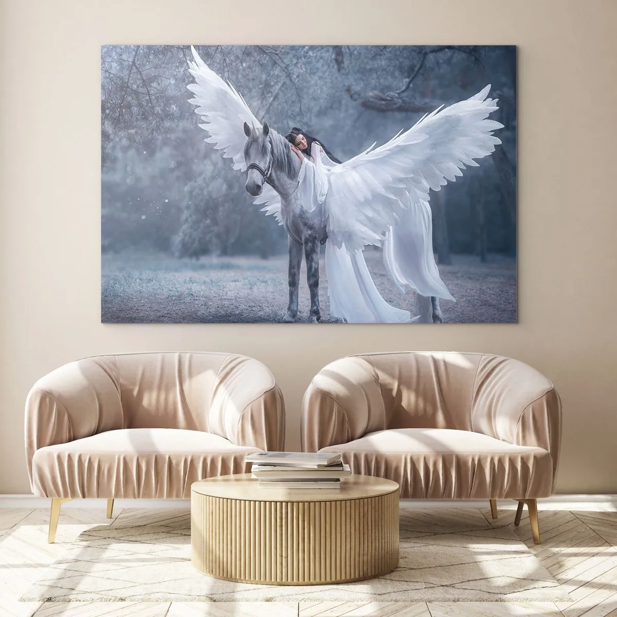 Quadro em vidro - Pégaso com asas brancas e uma mulher de vestido em uma floresta mística - 70x50cm - Momento inspirado - Decoração de parede moderna para a sala de estar e quarto ARTTOR