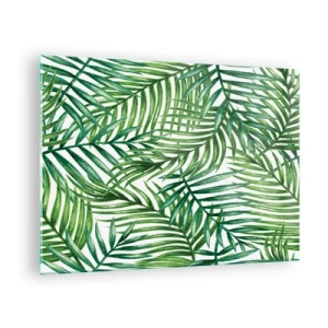Quadro em vidro - Folhas de palmeira verdes sobre fundo branco criando um padrão geométrico - 70x50cm - Sob as folhas verdes - Decoração de parede moderna para a sala de estar e quarto ARTTOR