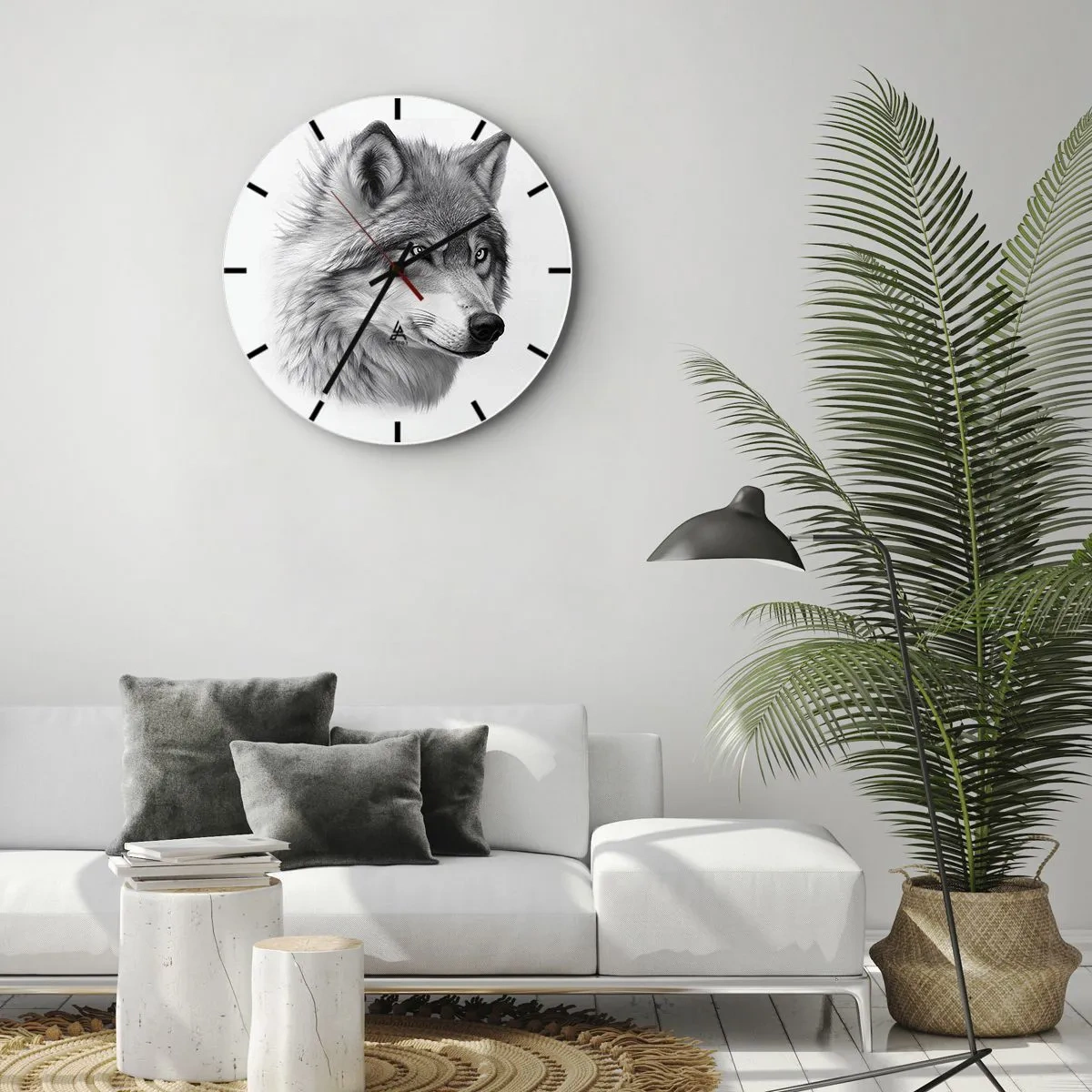 Relógio de parede - Relógio em vidro - Um retrato em preto e branco de um lobo com um olhar penetrante. - 30x30cm - Alfa – sem dúvida - Decoração de parede moderna para a sala de estar, cozinha e quarto ARTTOR