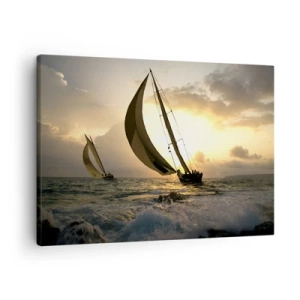 Quadro em tela - Veleiros no mar durante o pôr do sol - 70x50cm - Com o vento e contra o vento - Decoração de parede moderna para a sala de estar e quarto ARTTOR
