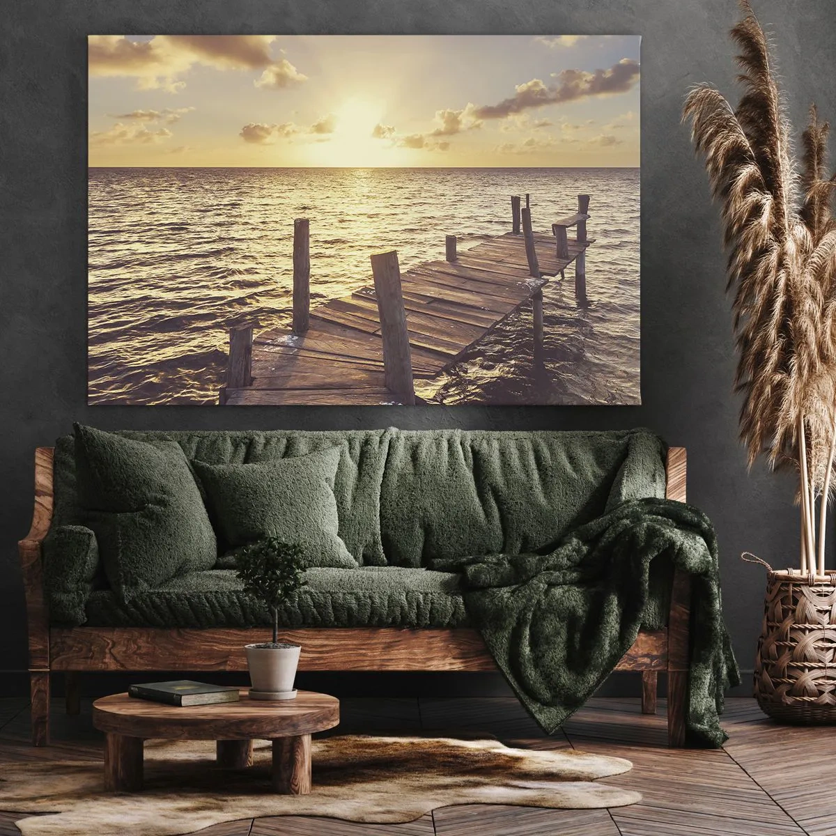 Quadro em tela - Um cais de madeira que conduz ao pôr do sol - 70x50cm - A terra dourada da gentileza - Decoração de parede moderna para a sala de estar e quarto ARTTOR