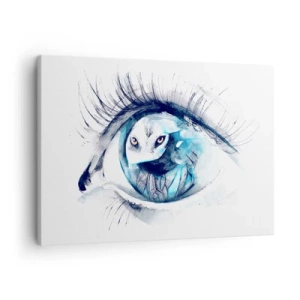 Quadro em tela - Um olho com a imagem de uma coruja em tons de azul aquarela - 70x50cm - Cara a cara com o selvagem - Decoração de parede moderna para a sala de estar e quarto ARTTOR