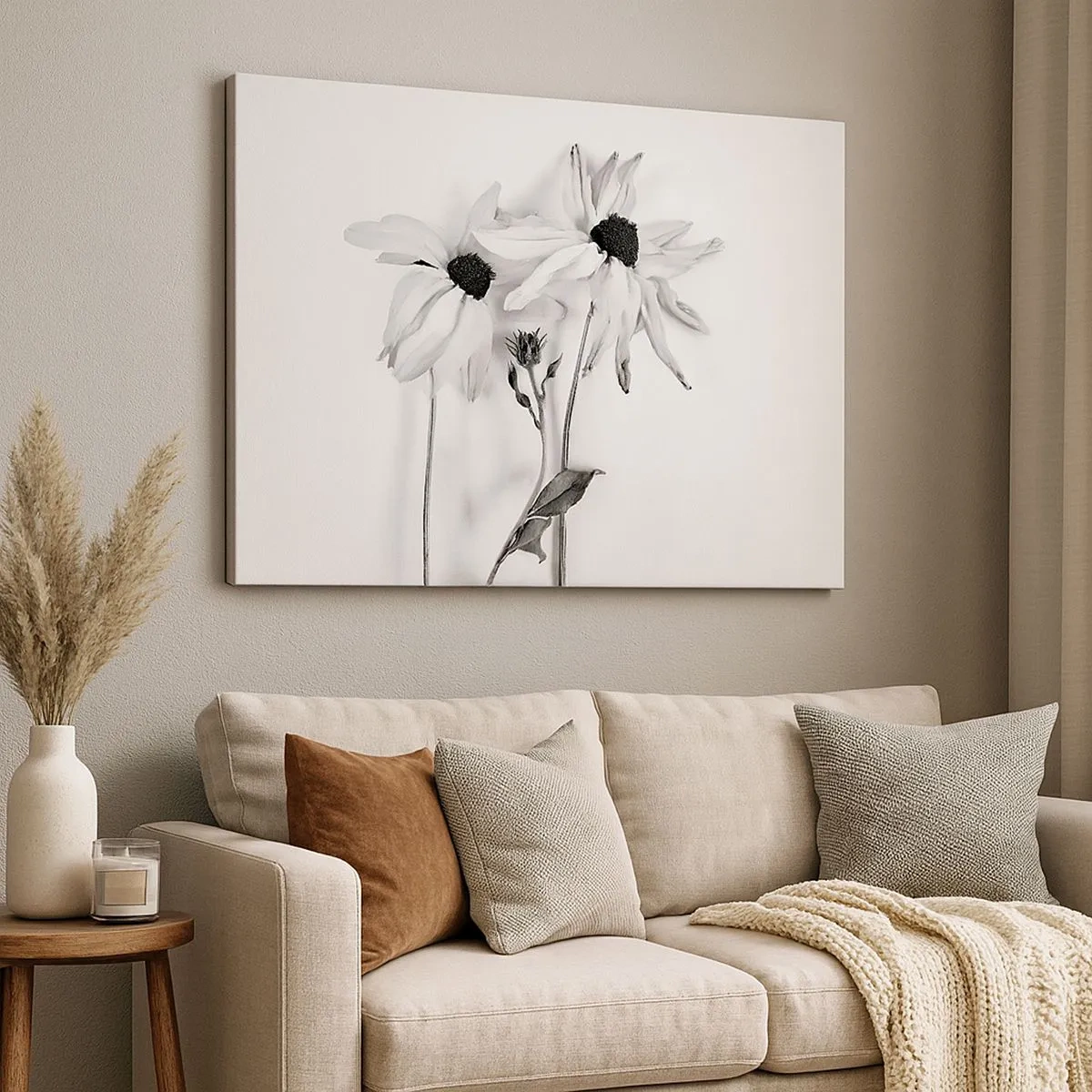 Quadro em tela - Flores pretas e brancas com uma composição sutil - 70x50cm - Ninguém quer estar sozinho - Decoração de parede moderna para a sala de estar e quarto ARTTOR