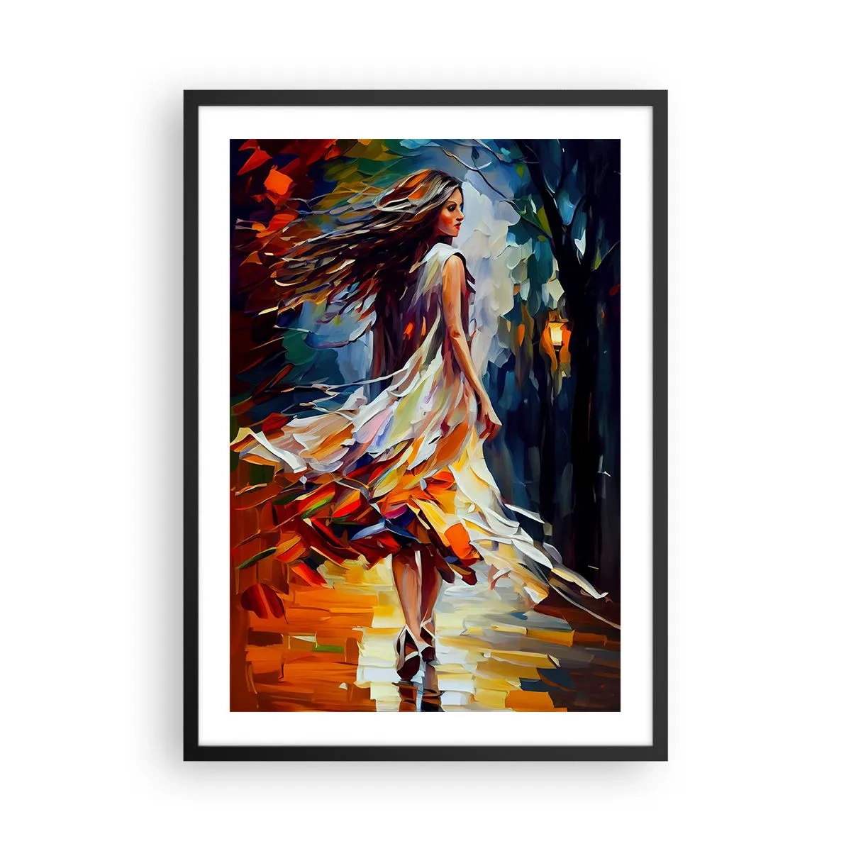 Pôster com moldura preta - Uma mulher dançando entre folhas coloridas de outono - 50x70cm - Garota outono - Decoração de parede moderna para a sala de estar e quarto ARTTOR