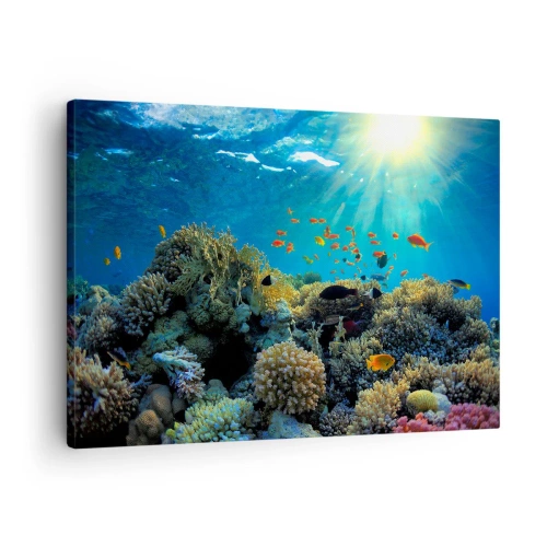 Quadro em tela - Recife de corais com peixes sob os raios de sol debaixo d'água - 70x50cm - Tesouros subaquáticos - Decoração de parede moderna para a sala de estar e quarto ARTTOR