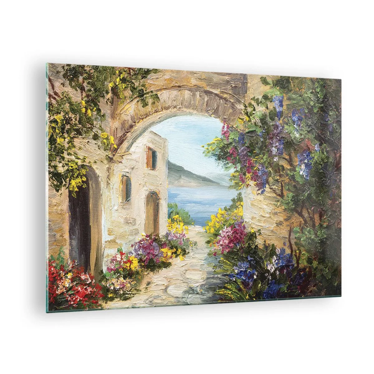 Quadro em vidro - Uma rua pitoresca com vista para o lago - 70x50cm - O encanto da província costeira - Decoração de parede moderna para a sala de estar e quarto ARTTOR