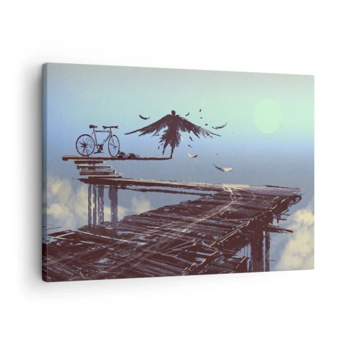 Quadro em tela - Uma figura com penas paira sobre uma ponte de madeira ao lado de uma bicicleta. - 70x50cm - Ícaro eternamente vivo - Decoração de parede moderna para a sala de estar e quarto ARTTOR