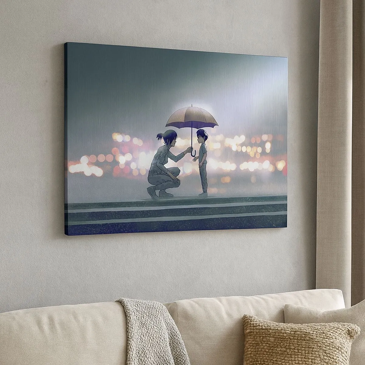 Quadro em tela - Uma figura com um guarda-chuva protegendo uma criança contra o fundo de luzes noturnas. - 70x50cm - Está tudo bem agora - Decoração de parede moderna para a sala de estar e quarto ARTTOR