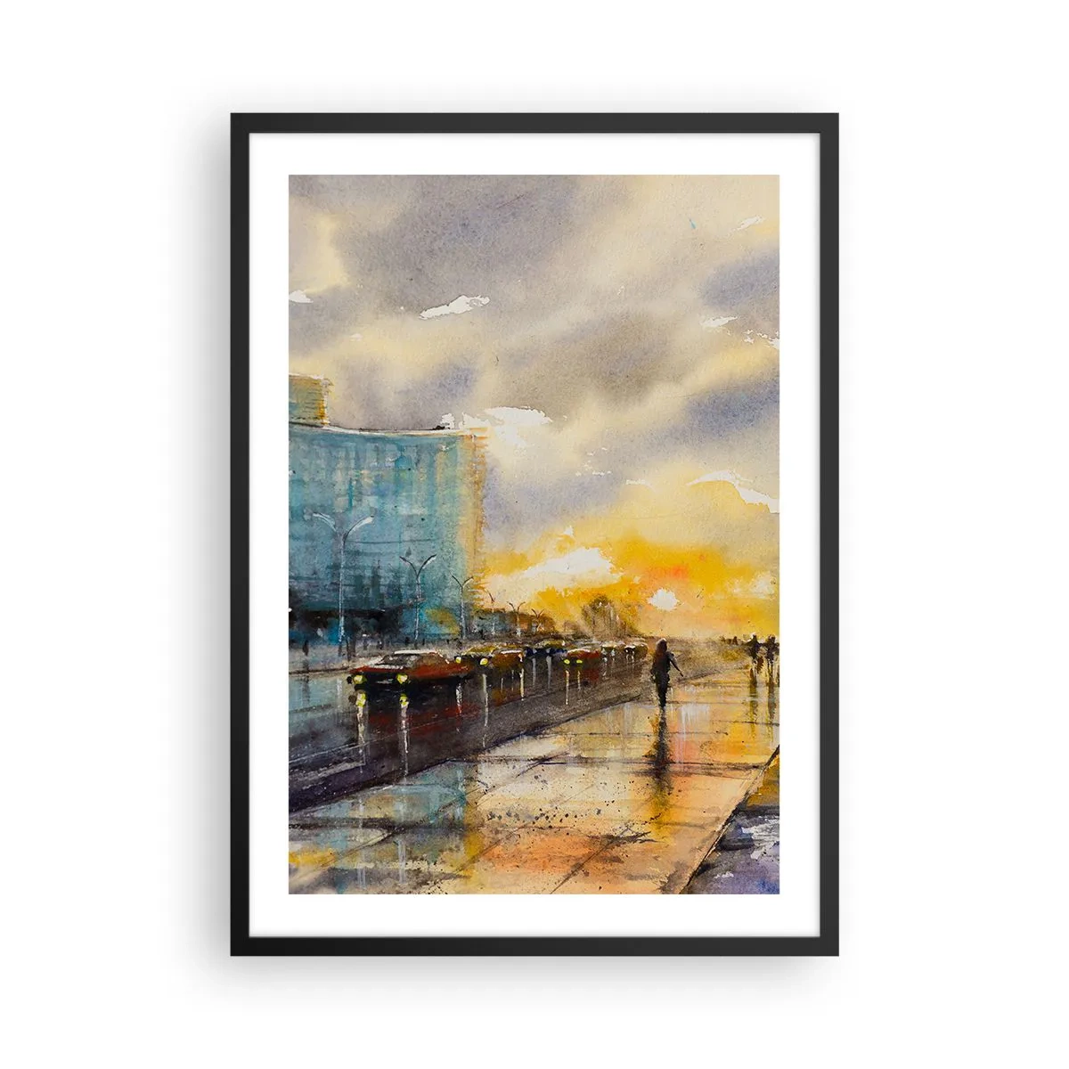 Pôster com moldura preta - Uma rua pitoresca na chuva ao pôr do sol - 50x70cm - A vida na costa - Decoração de parede moderna para a sala de estar e quarto ARTTOR