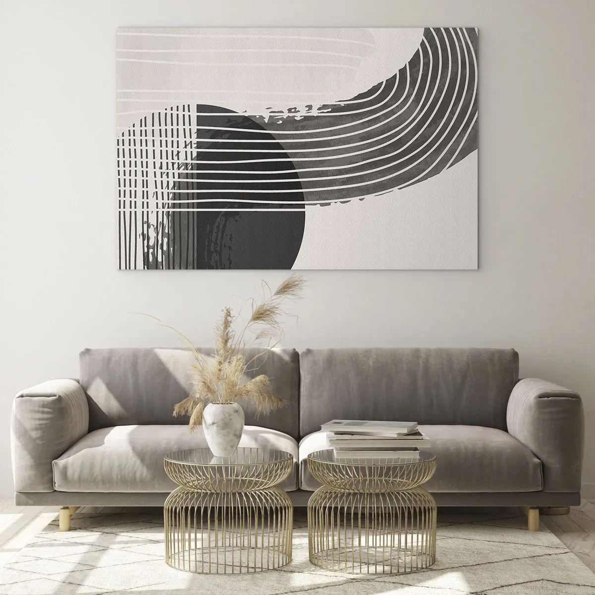 Quadro em vidro - Abstração em preto e branco com linhas e formas geométricas - 70x50cm - Ida e volta - Decoração de parede moderna para a sala de estar e quarto ARTTOR