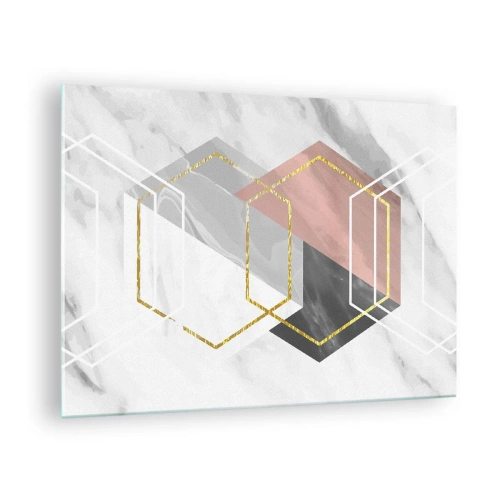 Quadro em vidro - Formas geométricas douradas sobre fundo de mármore - 70x50cm - Composição em cadeia - Decoração de parede moderna para a sala de estar e quarto ARTTOR