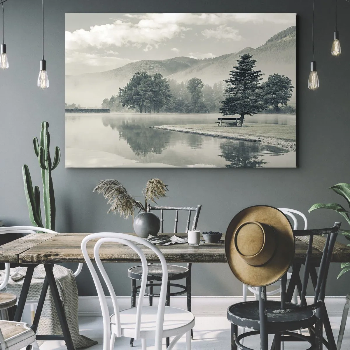 Quadro em tela - Um lago pitoresco com um banco e neblina ao fundo - 70x50cm - O lago ainda está a dormir - Decoração de parede moderna para a sala de estar e quarto ARTTOR