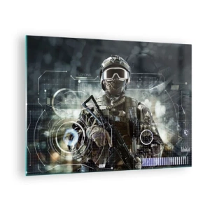Quadro em vidro - Um soldado com equipamento tático tendo como pano de fundo uma interface futurista. - 70x50cm - Poder para poder - Decoração de parede moderna para a sala de estar e quarto ARTTOR