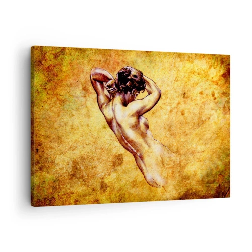 Quadro em tela - Nu artístico feminino sobre fundo dourado em estilo clássico - 70x50cm - Descoberta, mas ainda um mistério - Decoração de parede moderna para a sala de estar e quarto ARTTOR