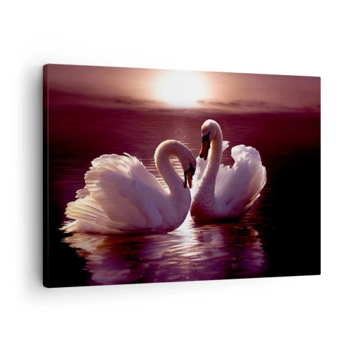 Quadro em tela - Dois cisnes em um lago calmo ao pôr do sol - 70x50cm - Até que a morte nos separe - Decoração de parede moderna para a sala de estar e quarto ARTTOR