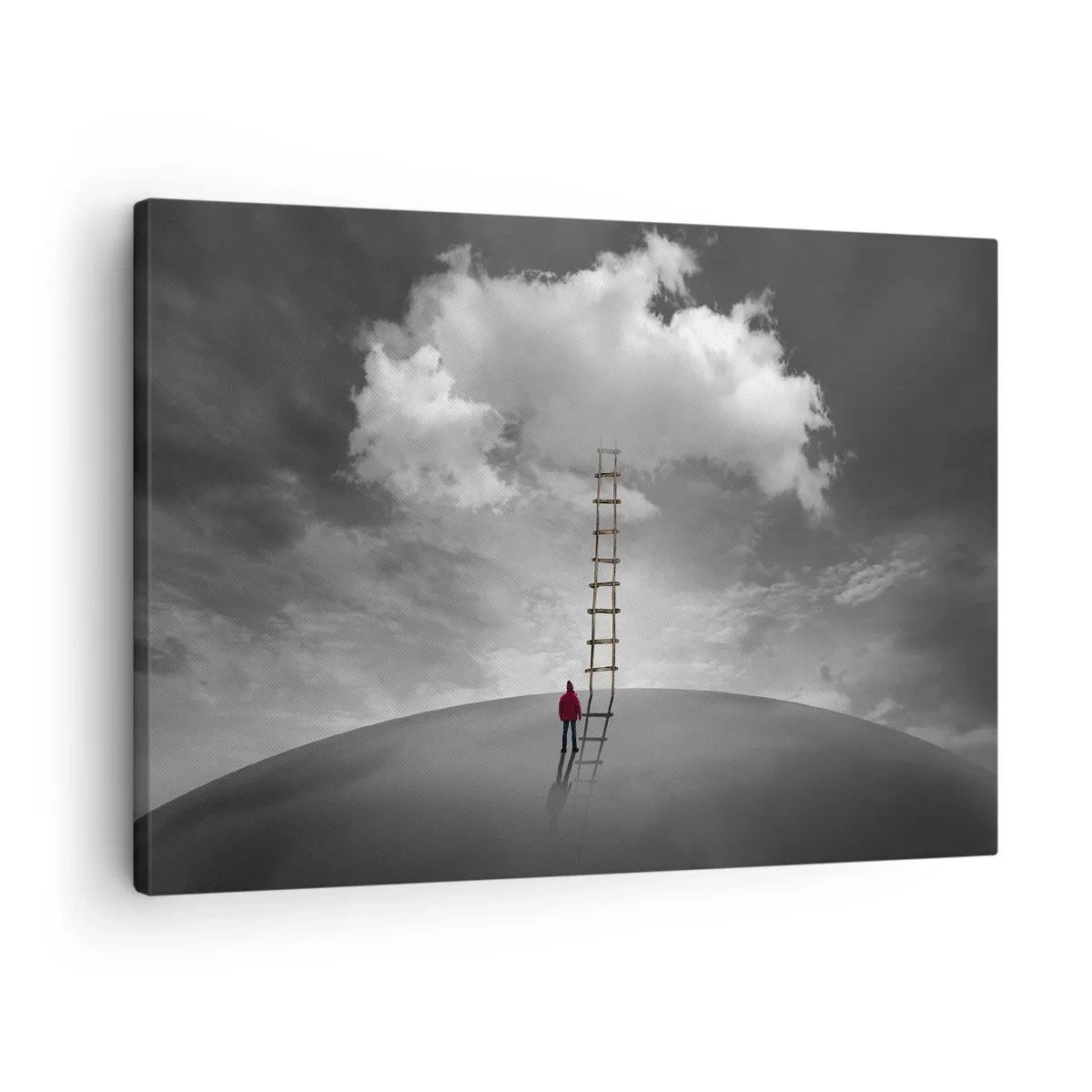 Quadro em tela - Uma pessoa com um casaco vermelho e uma escada que leva a uma nuvem - 70x50cm - Tudo é possível - Decoração de parede moderna para a sala de estar e quarto ARTTOR