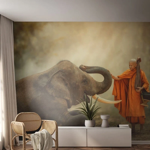 Papel de Parede Premium Sand - Encontro na viagem - Ásia, Elefante, Monge - 200x140 cm