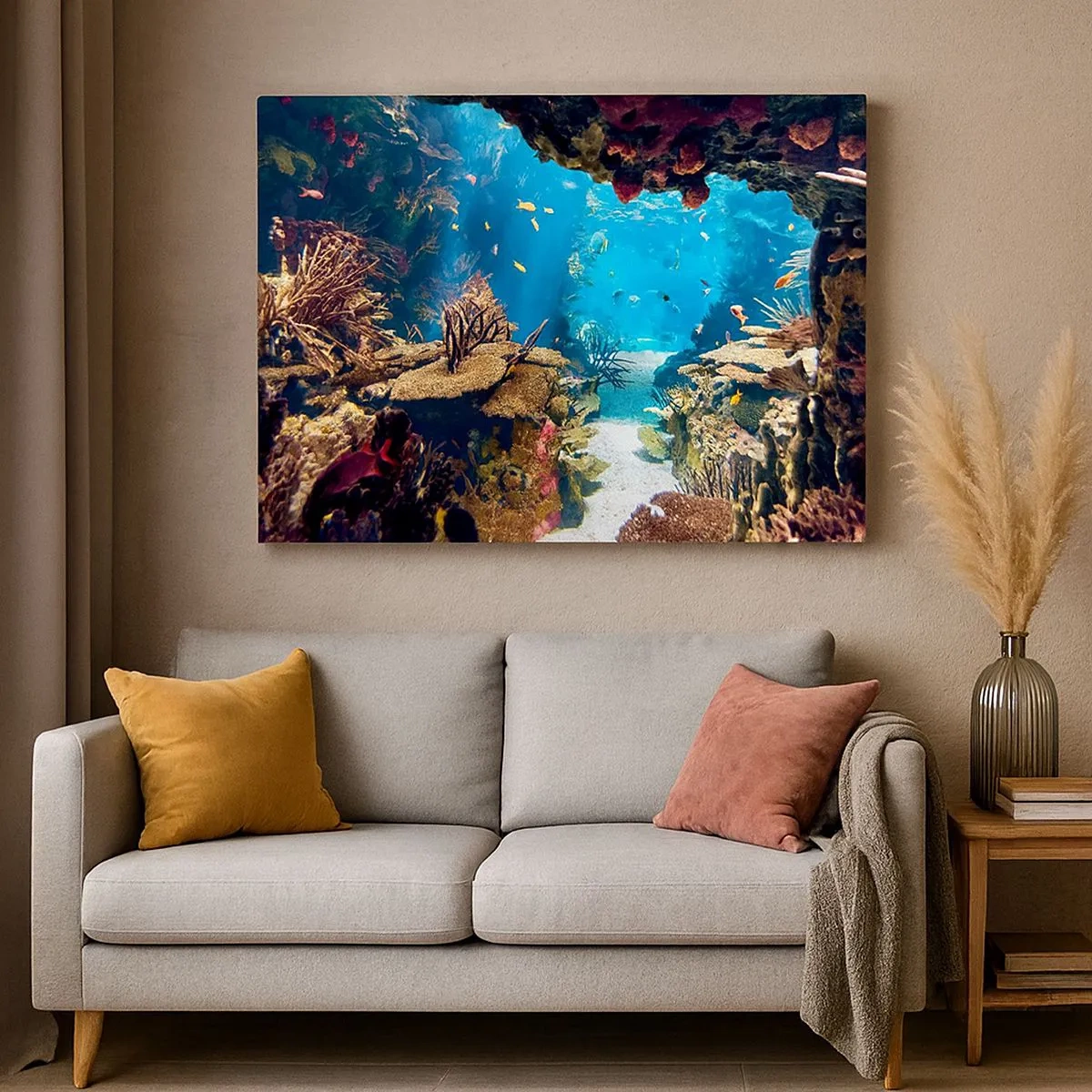 Quadro em tela - Mundo subaquático com recifes de corais e peixes - 70x50cm - Mais belo que um sonho - Decoração de parede moderna para a sala de estar e quarto ARTTOR
