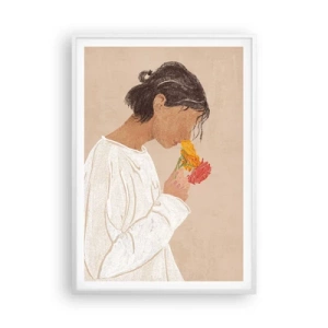 Pôster em moldura branca - Menina e flores - 70x100 cm