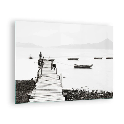 Quadro em vidro - Vista em preto e branco de um píer de madeira sobre um lago - 70x50cm - Sobre água calma e límpida - Decoração de parede moderna para a sala de estar e quarto ARTTOR