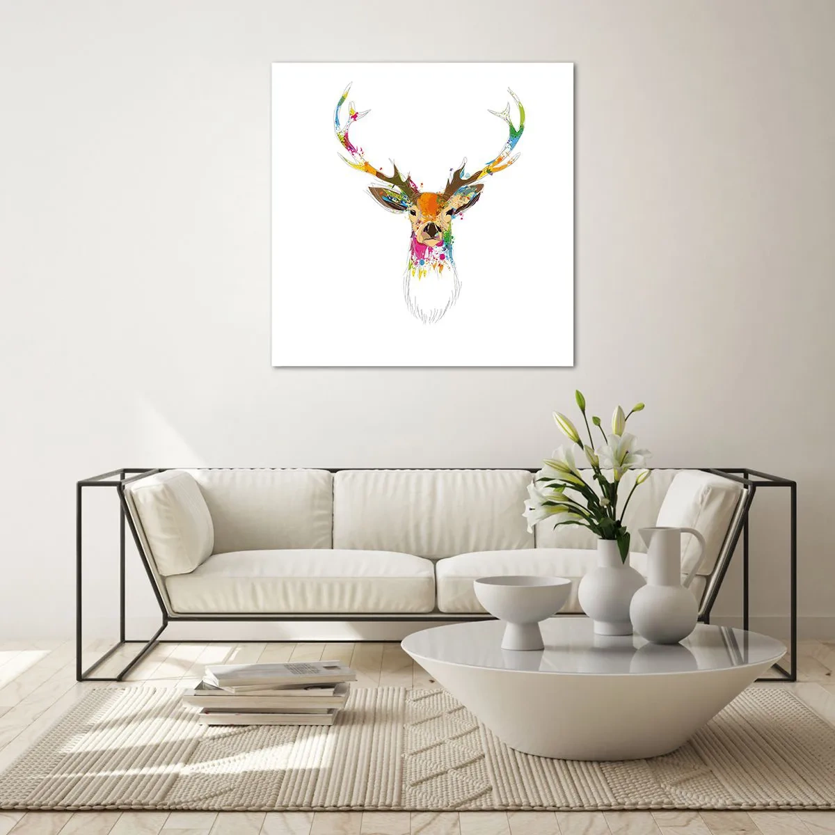 Quadro em vidro - Um cervo gentil banhado em cores - 30x30 cm