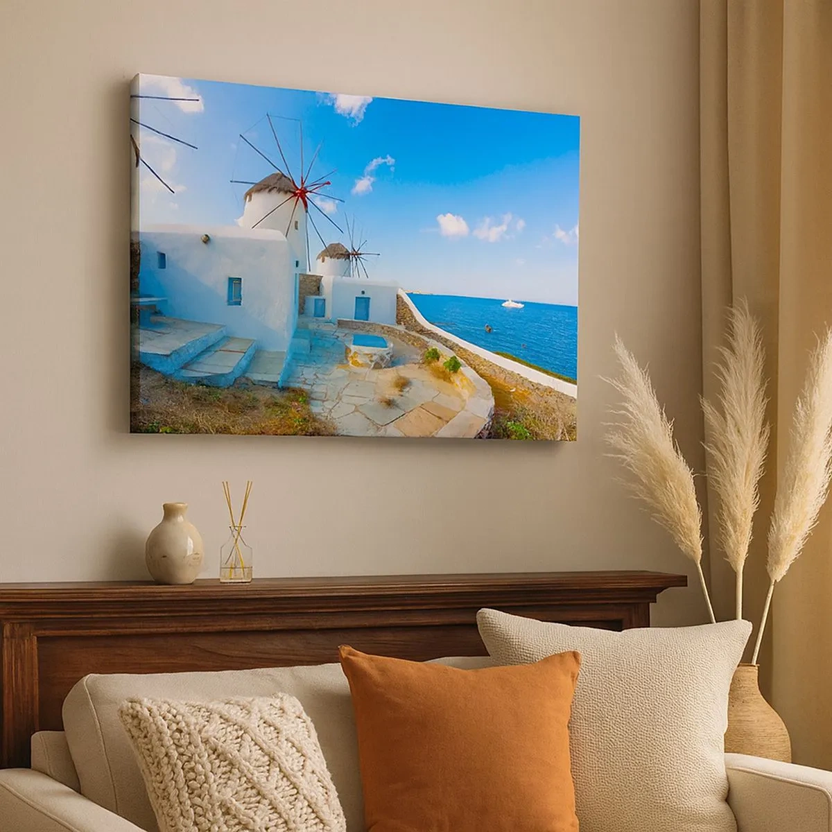 Quadro em tela - Moinhos de vento brancos nas margens do mar azul - 70x50cm - Vento azul do mar - Decoração de parede moderna para a sala de estar e quarto ARTTOR