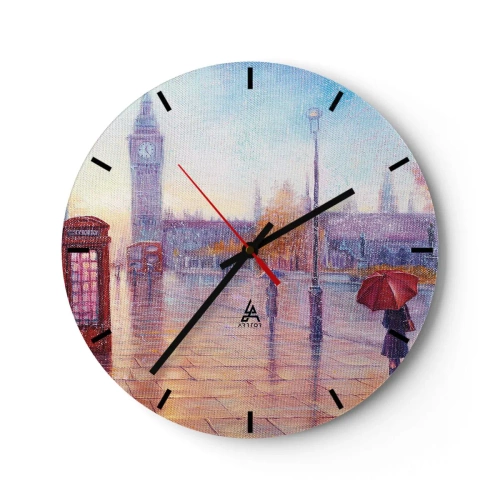 Relógio de parede - Relógio em vidro - Uma paisagem urbana pitoresca com o Big Ben e um guarda-chuva vermelho - 30x30cm - Um dia de outono em Londres - Decoração de parede moderna para a sala de estar, cozinha e quarto ARTTOR