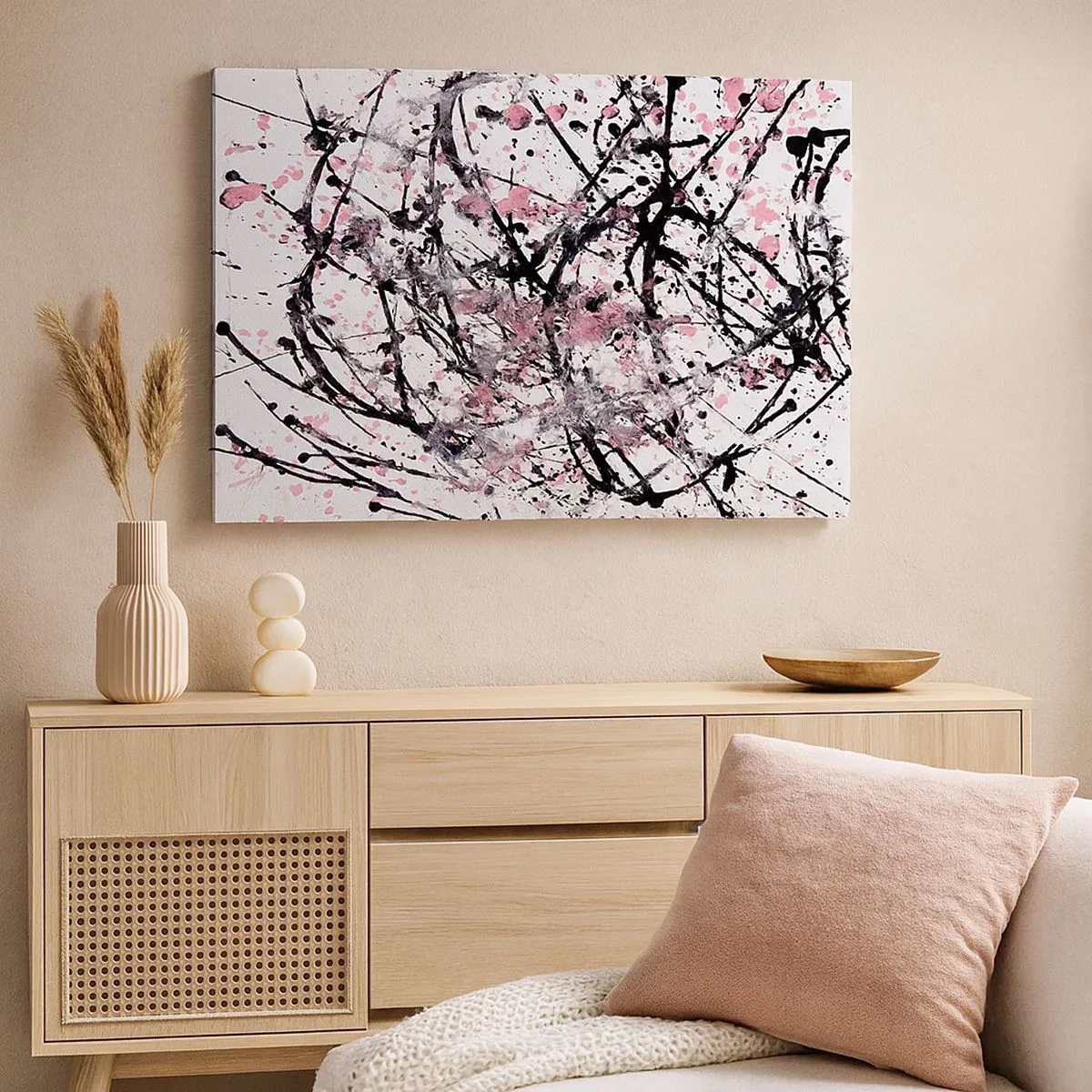Quadro em tela - Padrão abstrato em tons de rosa, preto e branco - 70x50cm - A natureza fugaz da vida - Decoração de parede moderna para a sala de estar e quarto ARTTOR