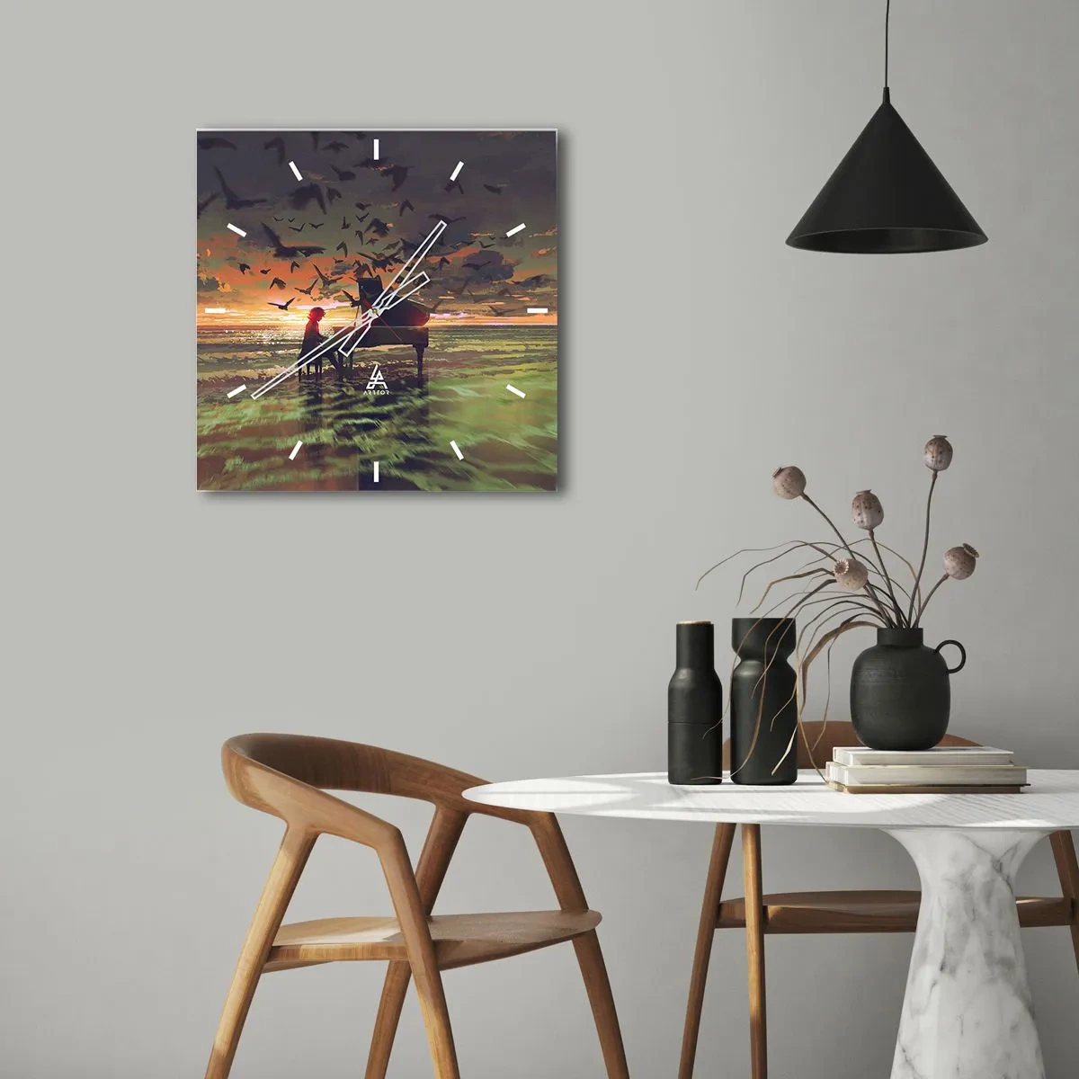 Relógio de parede - Relógio em vidro - Um concerto de piano e ondas - 30x30 cm