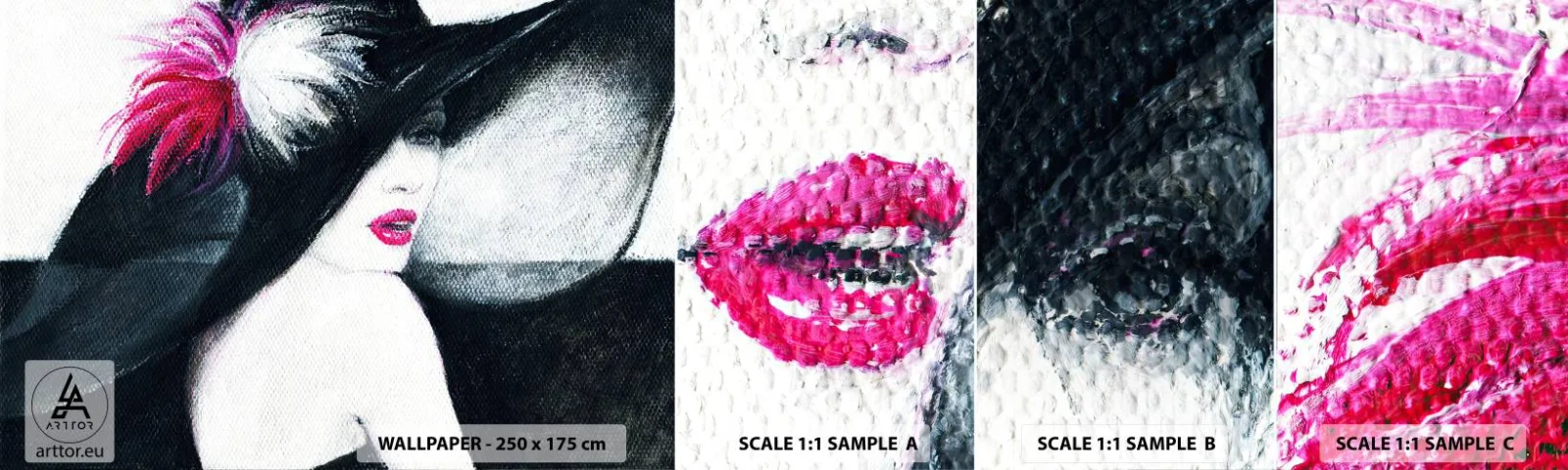 Amostra de papel de parede autocolante Deluxe Sticker - Sempre misteriosa - Mulher de chapéu, Rosto de mulher, lábios vermelhos - 100x30 cm