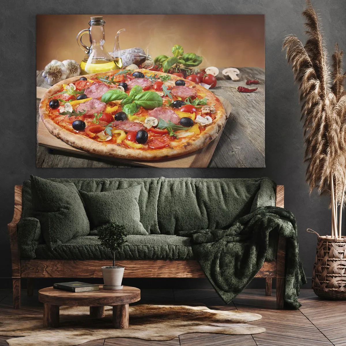 Quadro em tela - Pizza apetitosa em uma mesa de madeira com coberturas - 70x50cm - Com um sabor verdadeiramente italiano - Decoração de parede moderna para a sala de estar e quarto ARTTOR