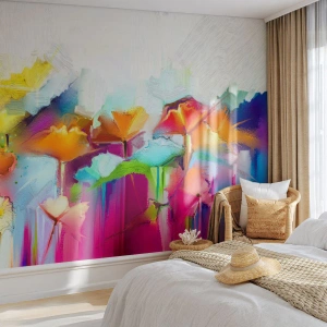 Papel de Parede Standard Eco - Abstração colorida com flores em tons do arco-íris - 100x70cm - O arco-íris floresceu - Decoração de parede moderna para a sala de estar e quarto ARTTOR