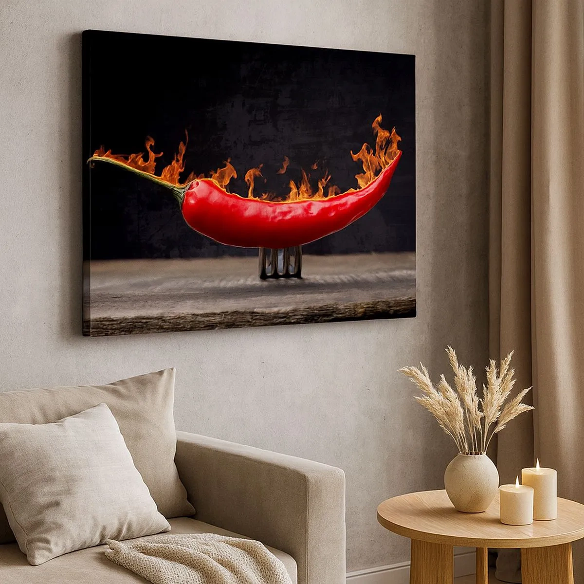 Quadro em tela - Pimentão vermelho flamejante em um garfo - 70x50cm - Aperitivo de fogo - Decoração de parede moderna para a sala de estar e quarto ARTTOR