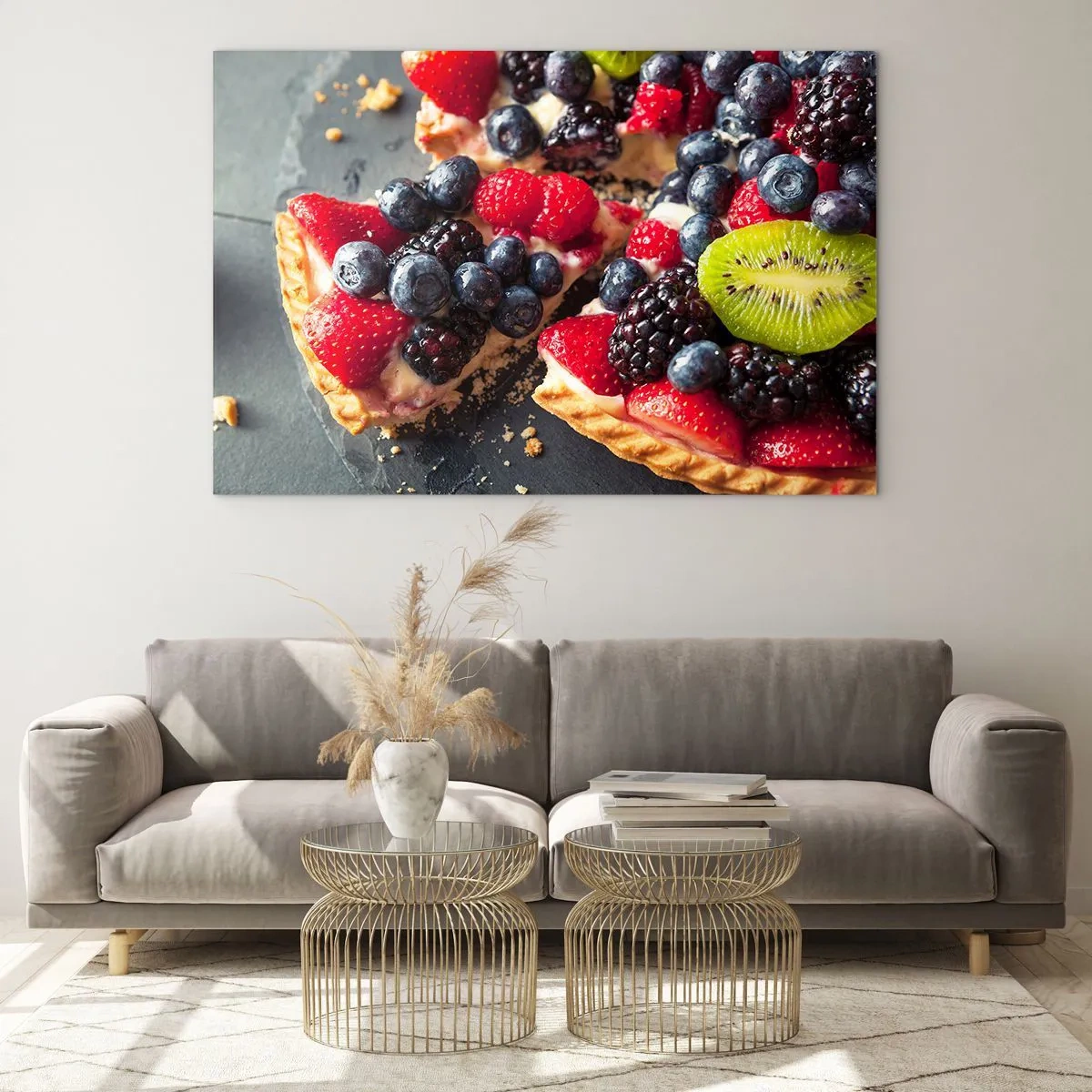 Quadro em vidro - Torta de frutas com mirtilos, kiwi e morangos - 70x50cm - Dolce vita! - Decoração de parede moderna para a sala de estar e quarto ARTTOR
