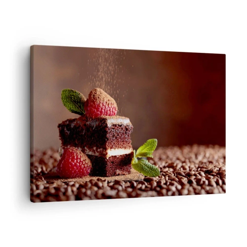 Quadro em tela - Bolo de chocolate com framboesas e hortelã sobre fundo de grãos de cacau - 70x50cm - A vida é doce - Decoração de parede moderna para a sala de estar e quarto ARTTOR