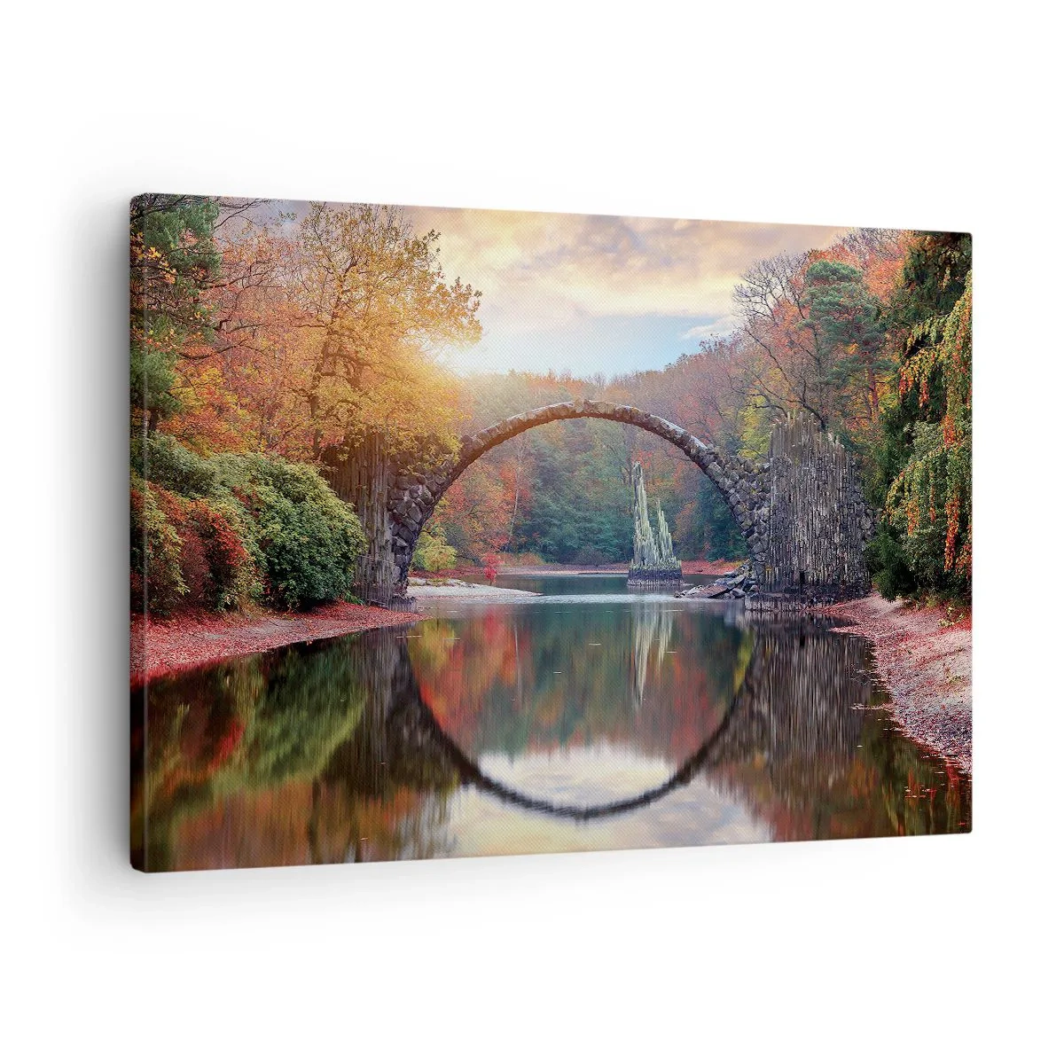 Quadro em tela - Uma ponte de pedra em uma paisagem de outono sobre águas calmas - 70x50cm - Do outro lado do espelho - Decoração de parede moderna para a sala de estar e quarto ARTTOR