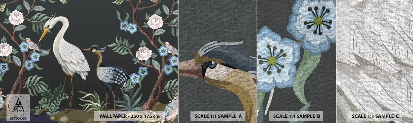 Amostra de papel de parede Premium Canvas - Desfile de pássaros - Animais, Flores, Pássaro - 100x30 cm